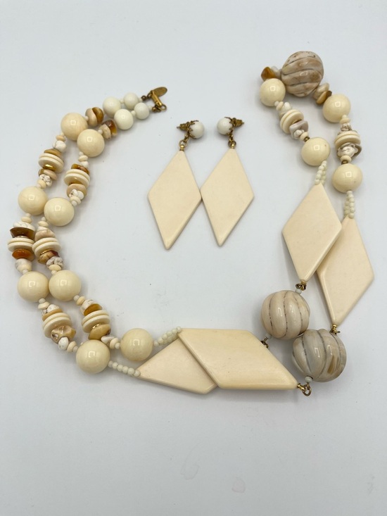 Miriam Haskell Jewelry - Vintage Miriam Haskell New Old Stock Cream Resin Necklace and 14kt Gold Earrings